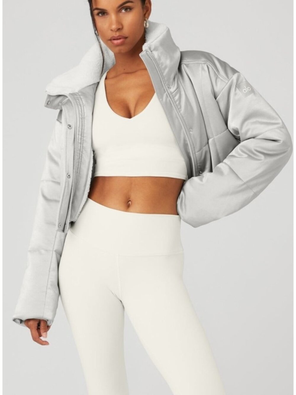 Alo Orion Cropped Puffer Silver Ivory Shiny Metallic Warm Sherpa-Lined Coat L